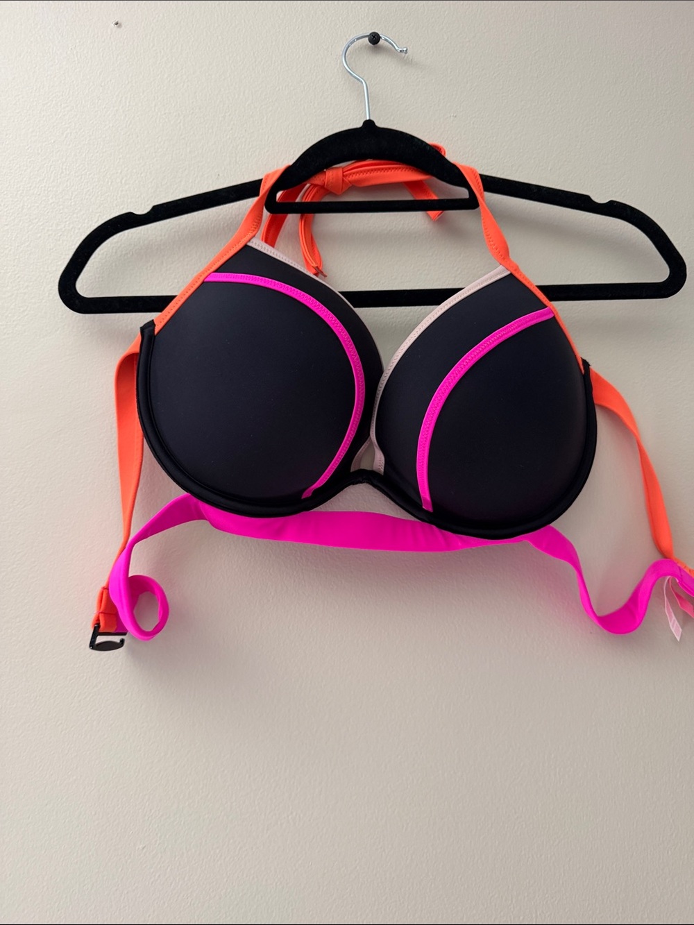 Victoria's Secret Black Push-Up Swim Bra with Neon Pink & Orange Trim